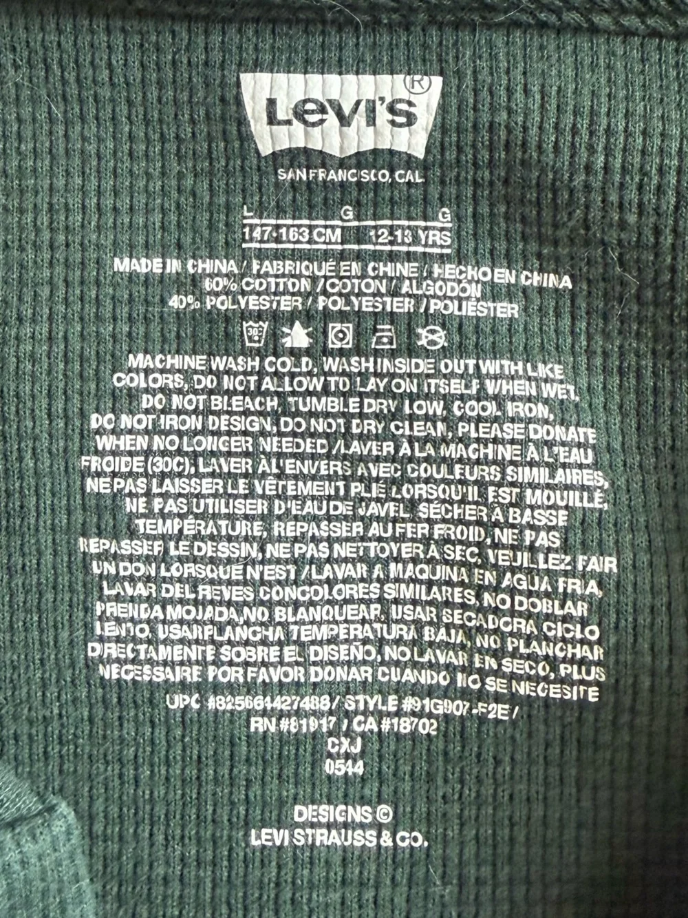 Levi's Forest Green Waffle Henley Sz LG 12-13yrs